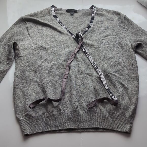 J. Crew Gray V Neck Sweater with Sequins Ribbon Bow Detail S - Picture 7 of 12